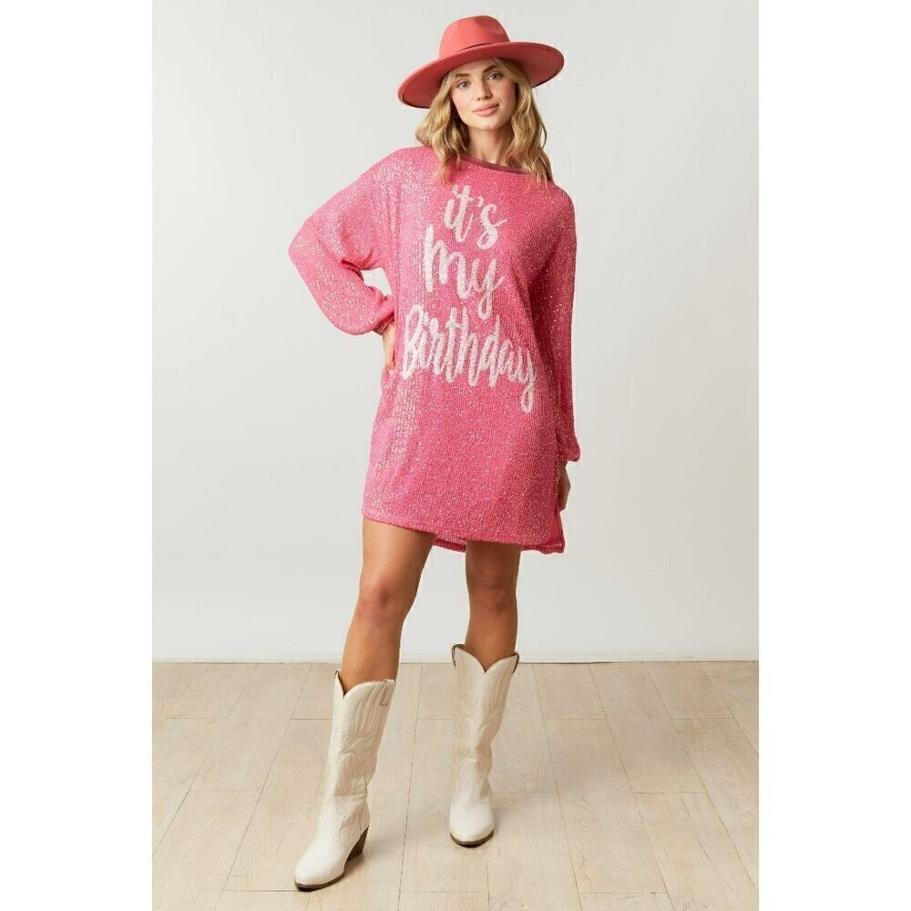 Birthday Behavior Long Sleeve Sequin Dress in Pink